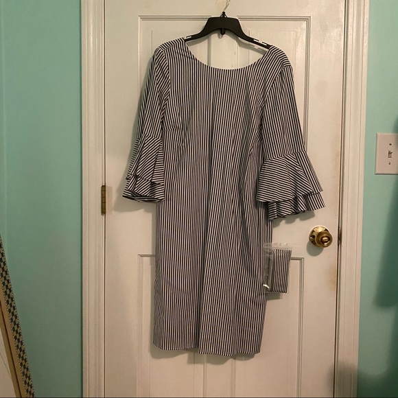 Grey and white striped button up dress with tie - Picture 10 of 10
